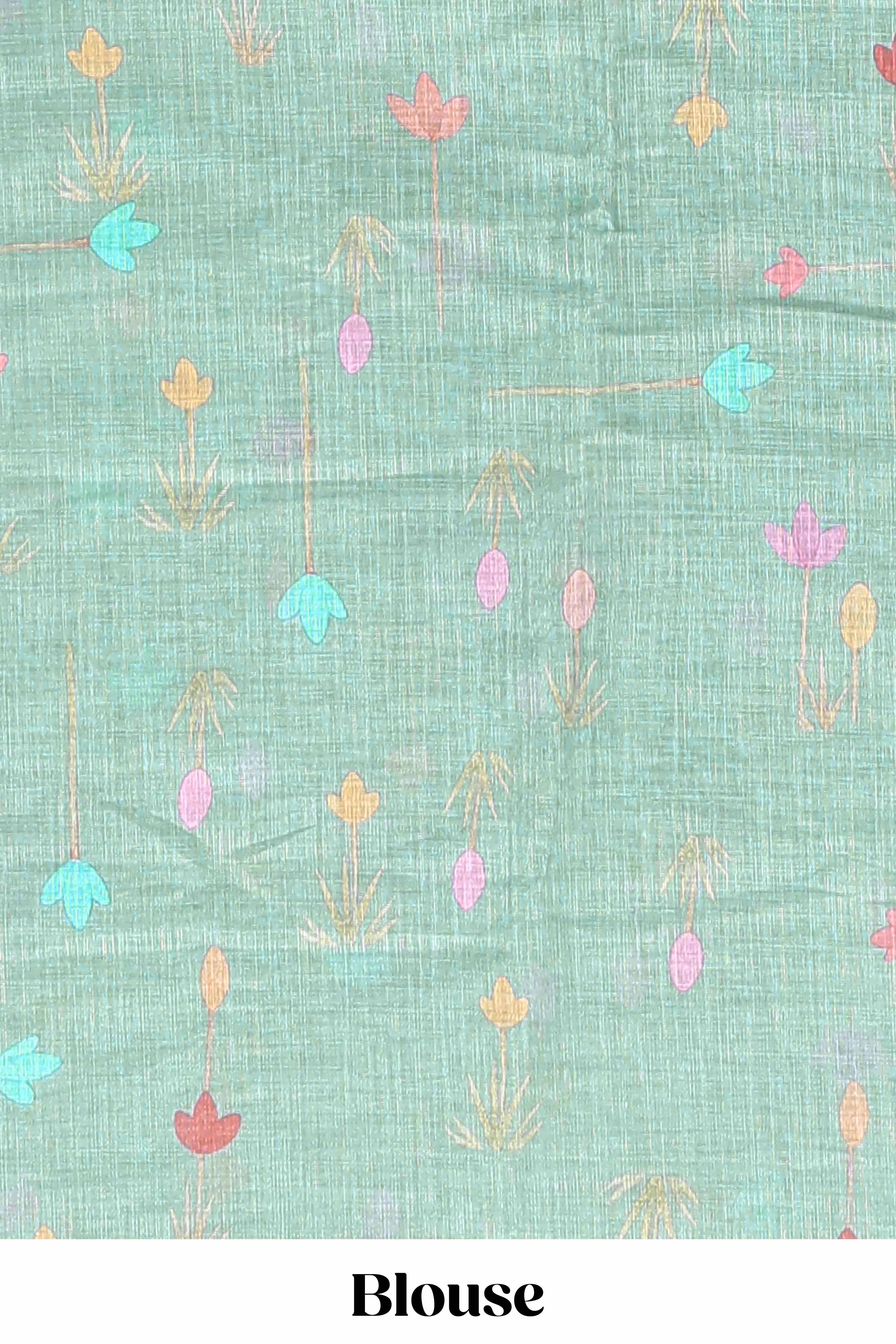 Green floral design linen cotton saree with self zari border and matching blouse