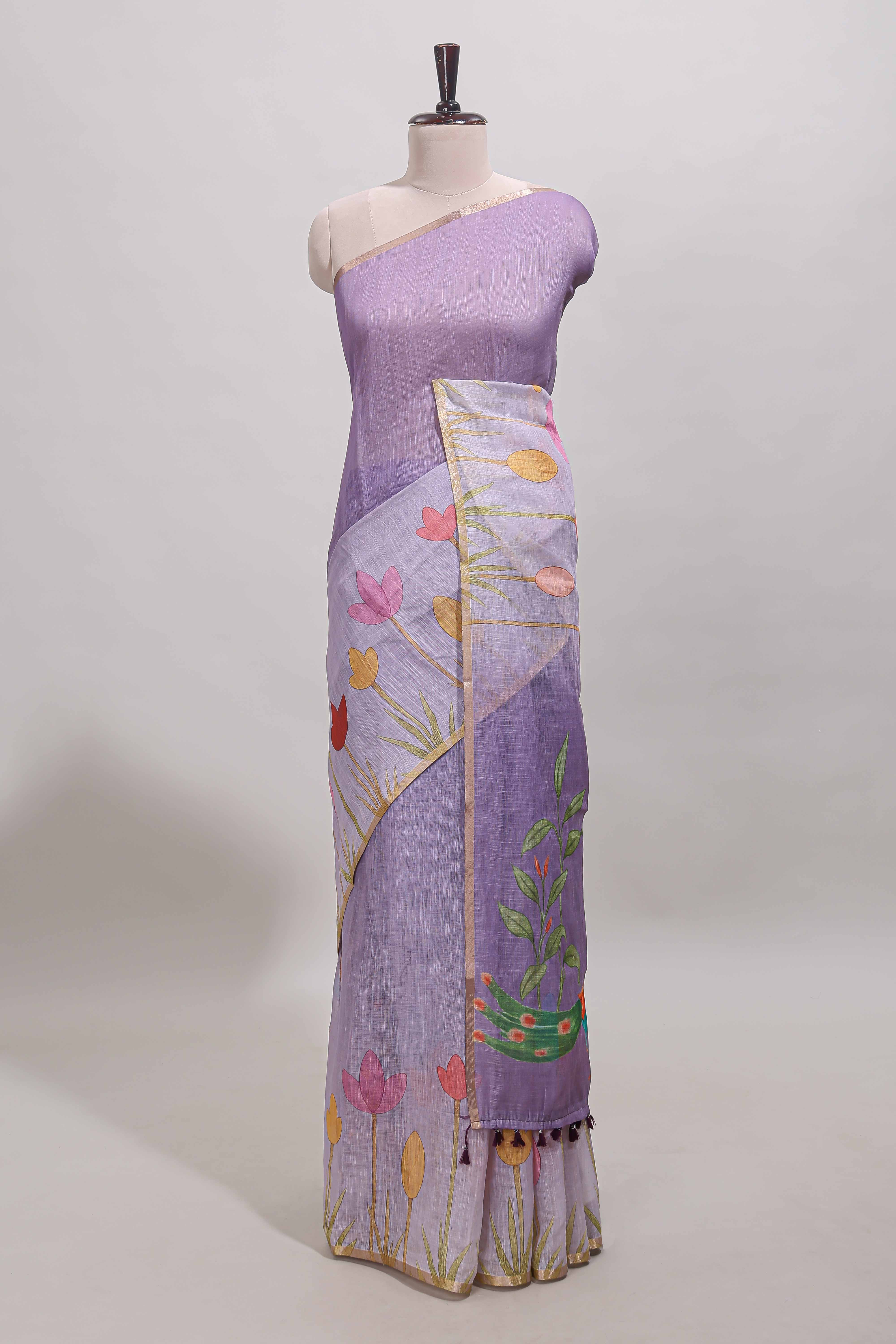 Lavender floral design linen cotton saree with self zari border and matching blouse