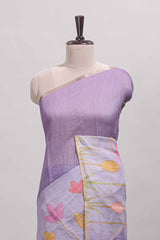 Lavender floral design linen cotton saree with self zari border and matching blouse