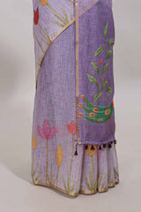 Lavender floral design linen cotton saree with self zari border and matching blouse