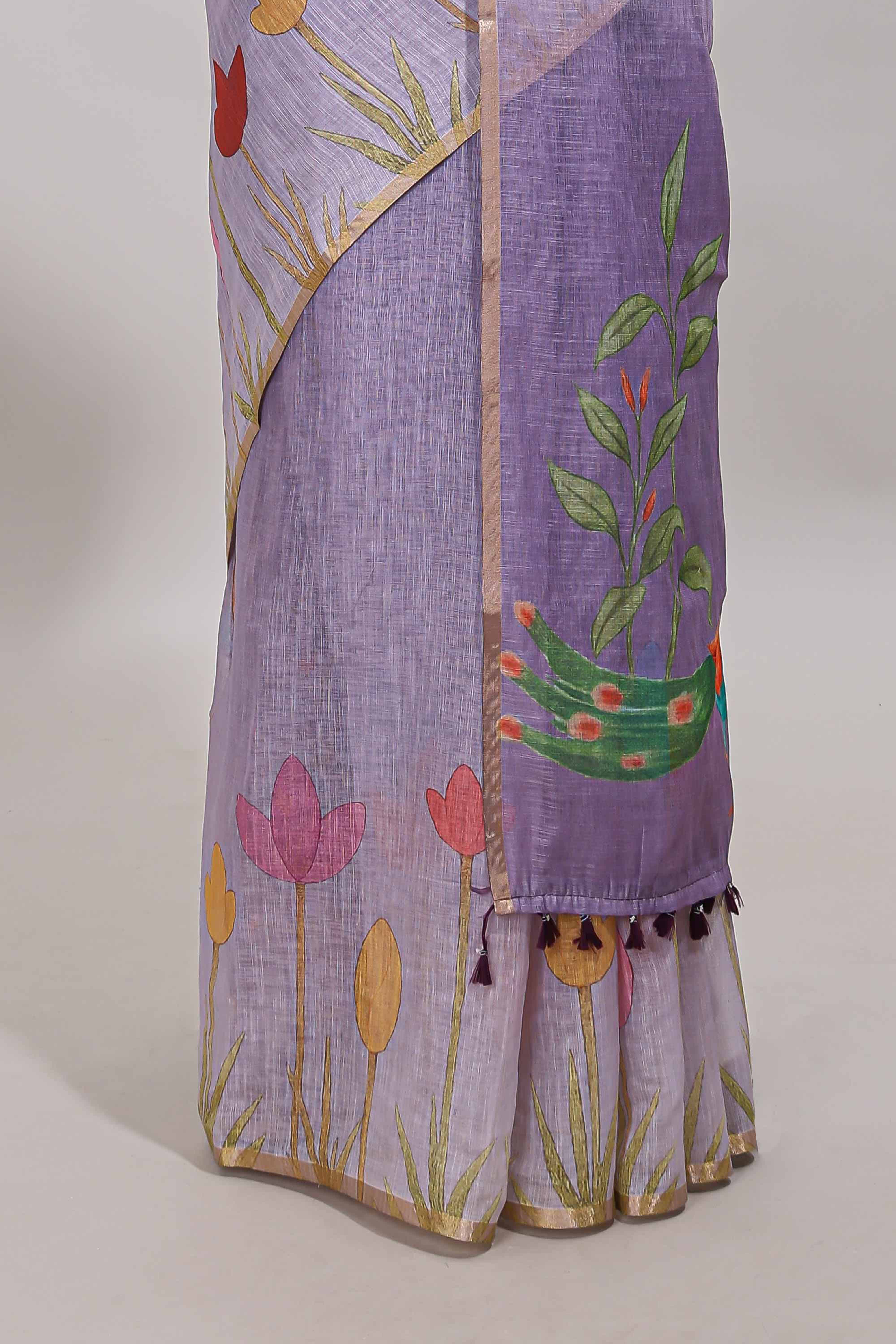 Lavender floral design linen cotton saree with self zari border and matching blouse