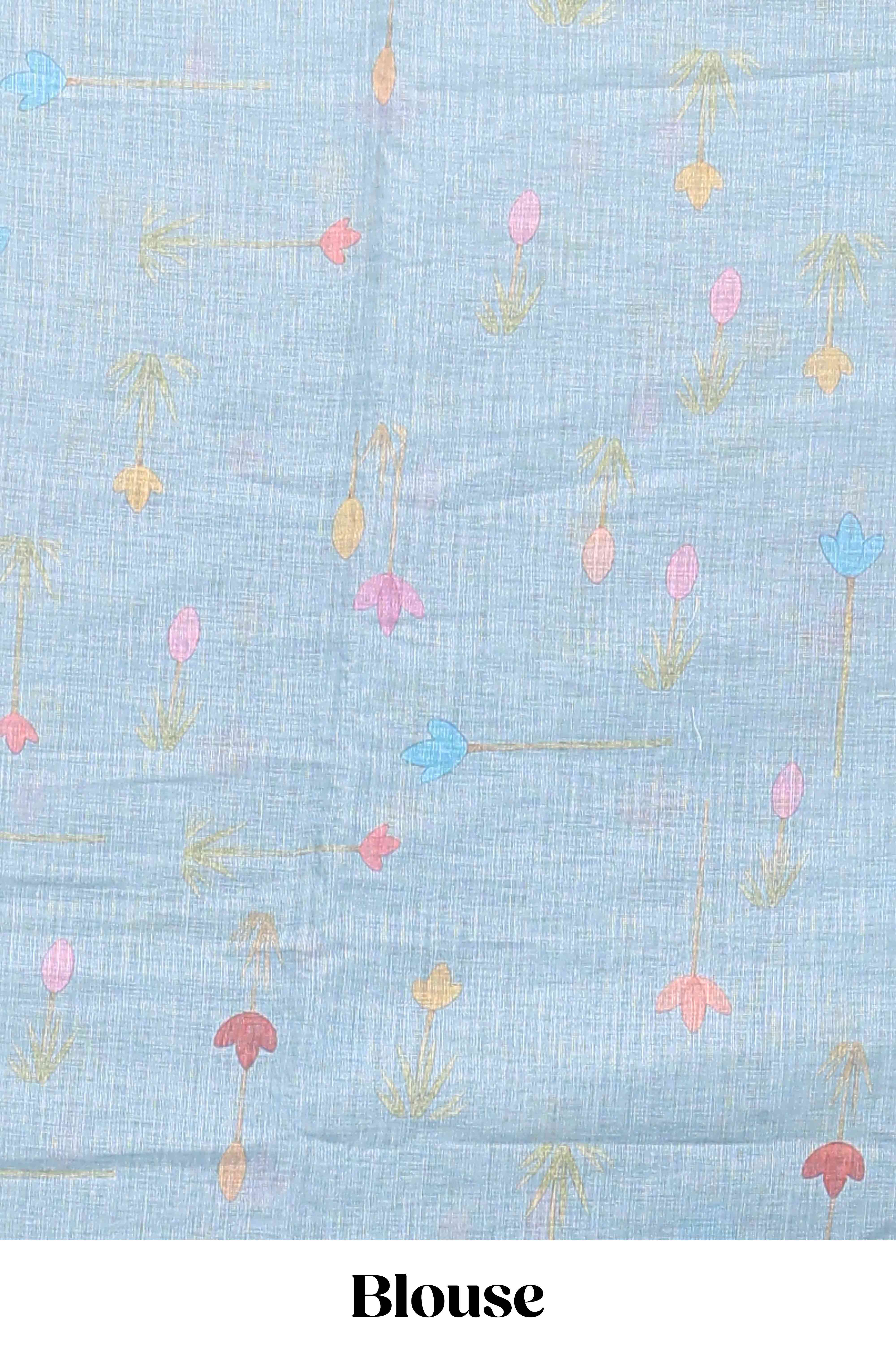 Blue floral design linen cotton saree with self zari border and matching blouse