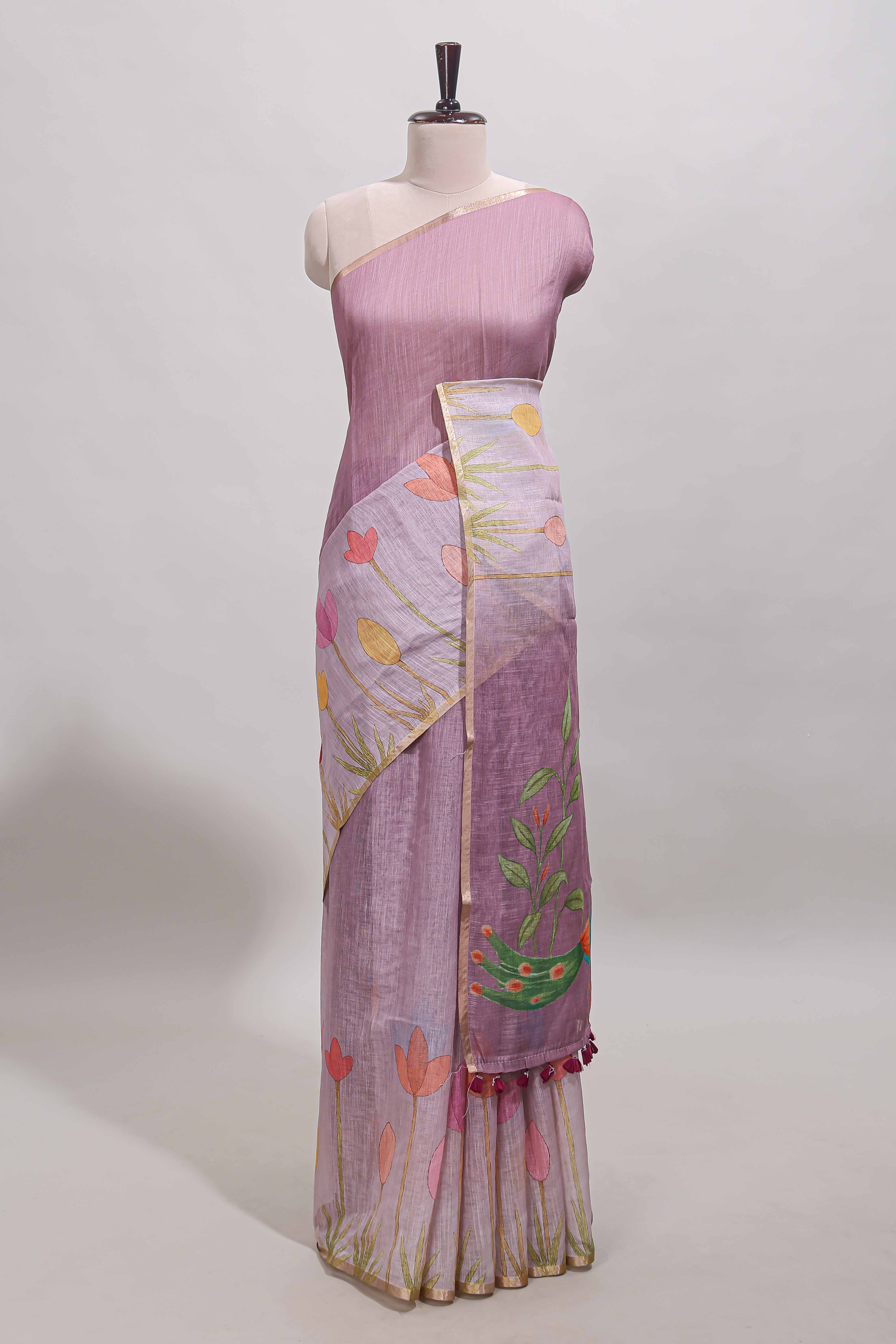 Peach floral design linen cotton saree with self zari border and matching blouse