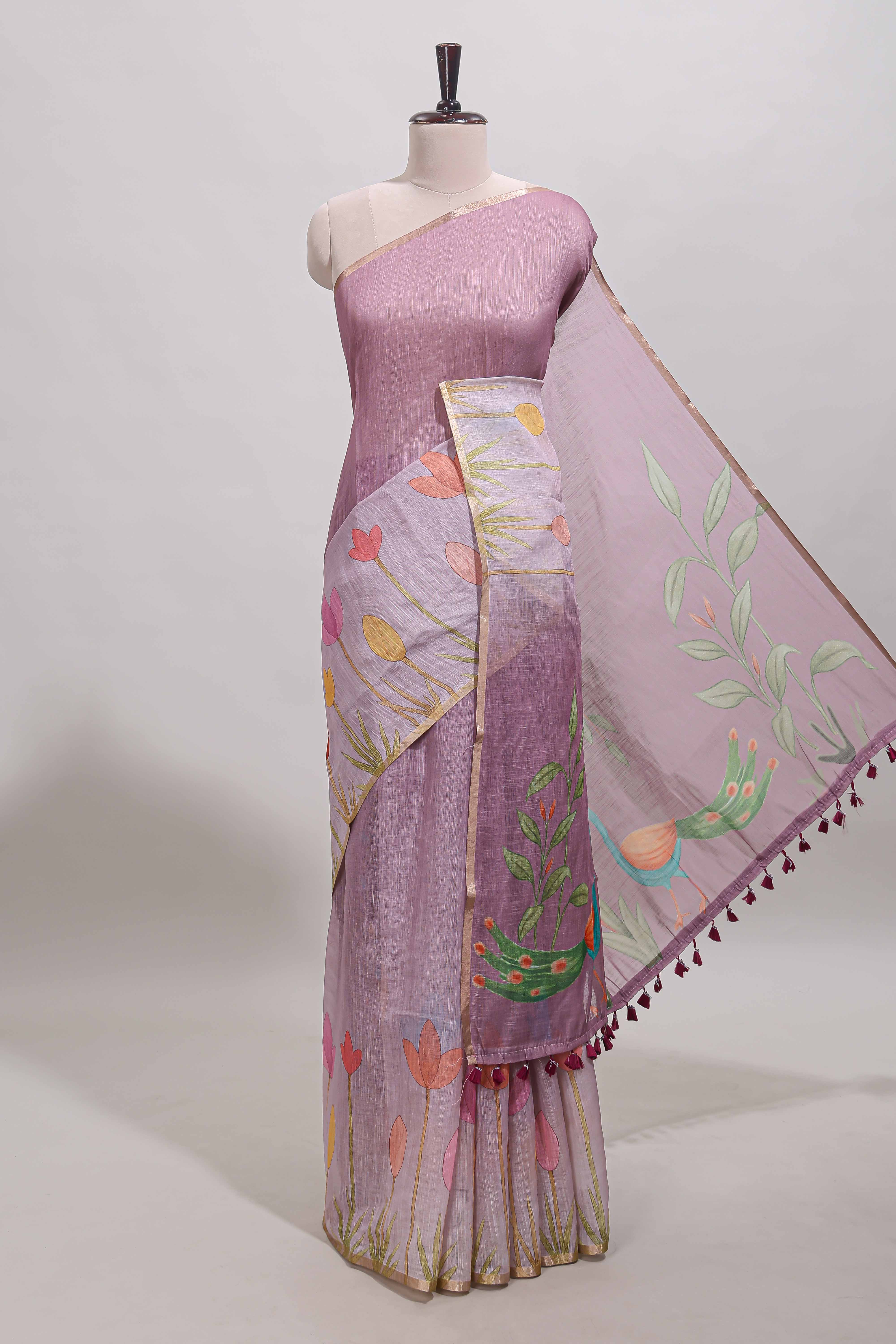 Peach floral design linen cotton saree with self zari border and matching blouse