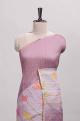 Peach floral design linen cotton saree with self zari border and matching blouse
