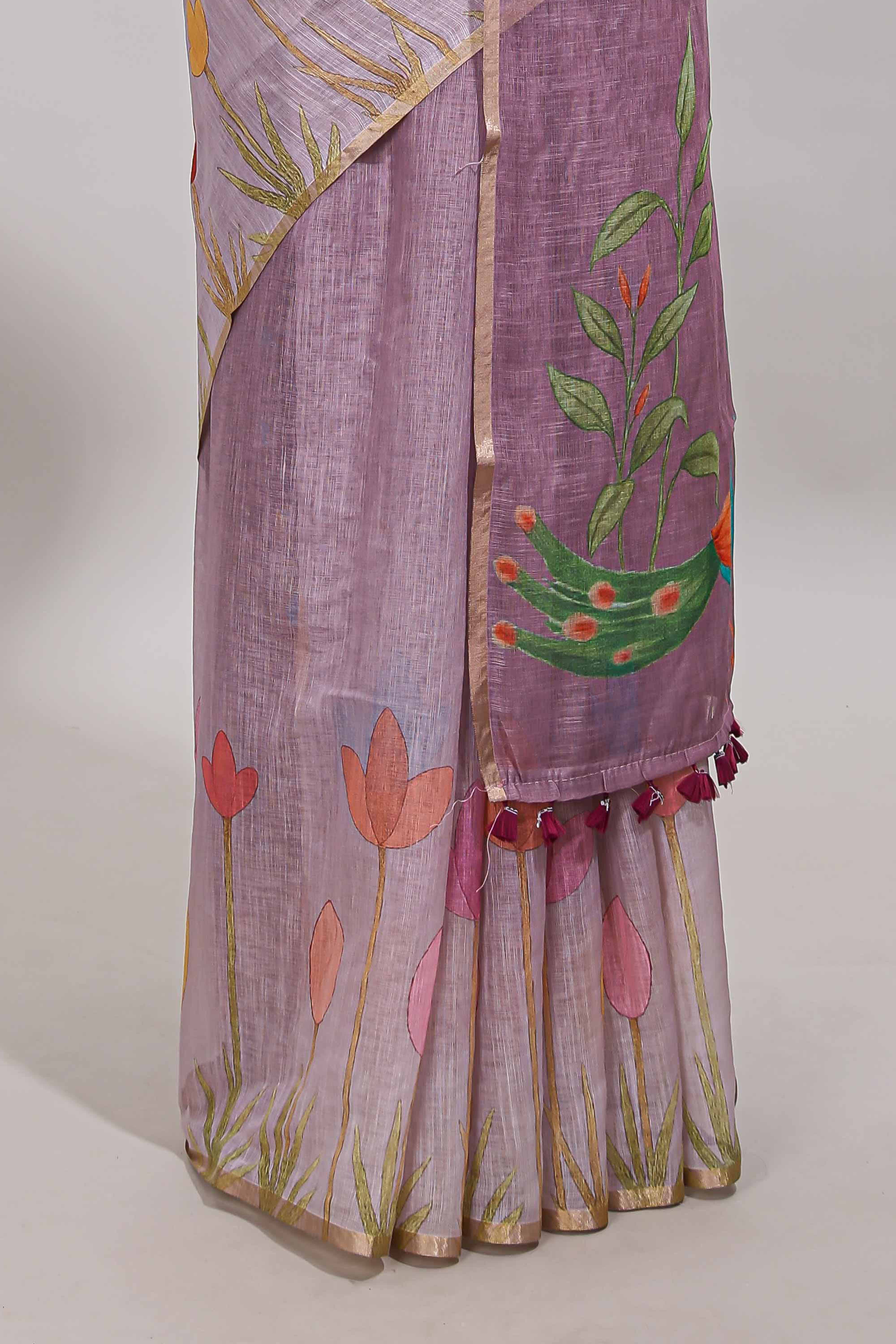 Peach floral design linen cotton saree with self zari border and matching blouse