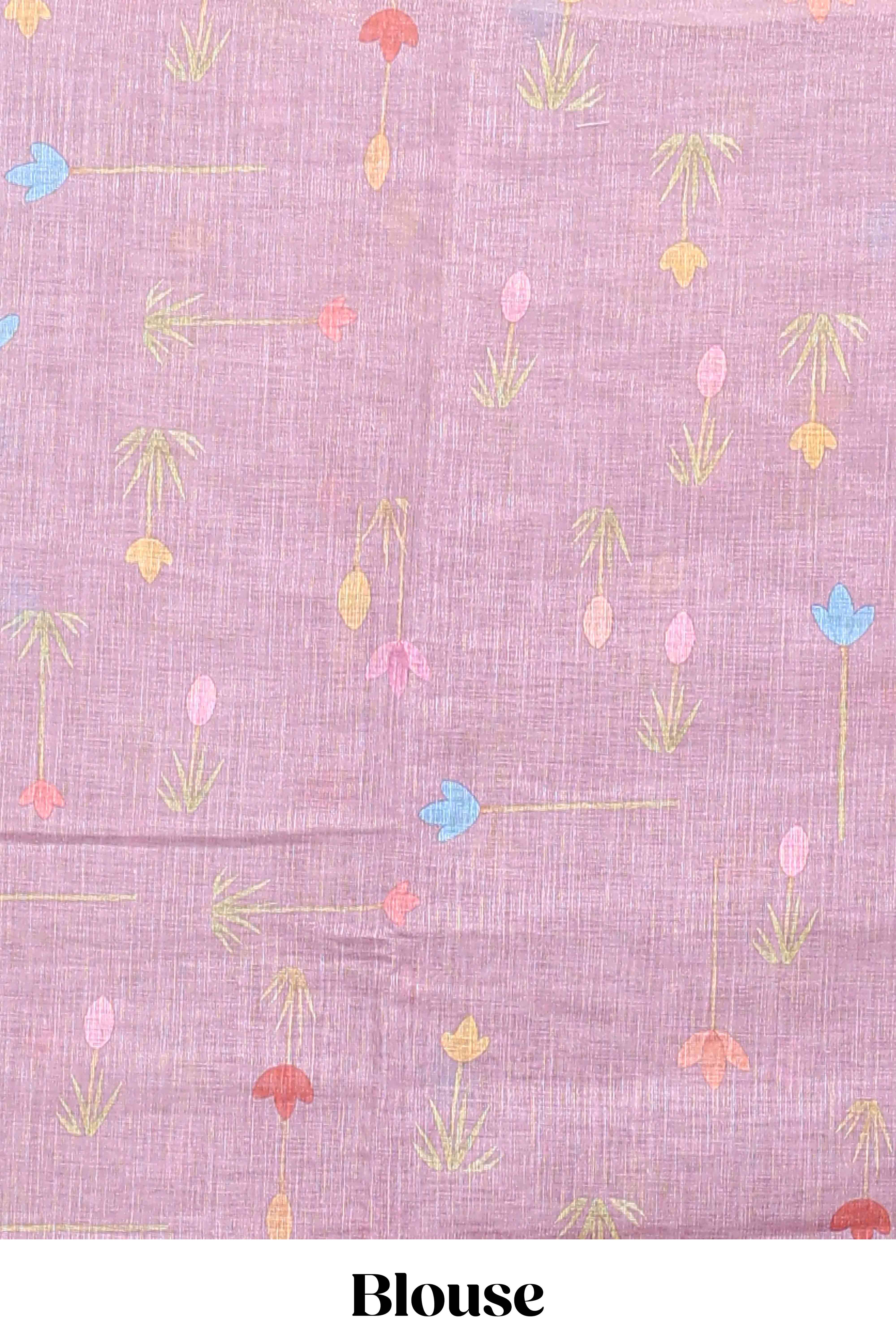 Peach floral design linen cotton saree with self zari border and matching blouse