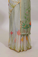 Light green floral design linen cotton saree with self zari border and matching blouse