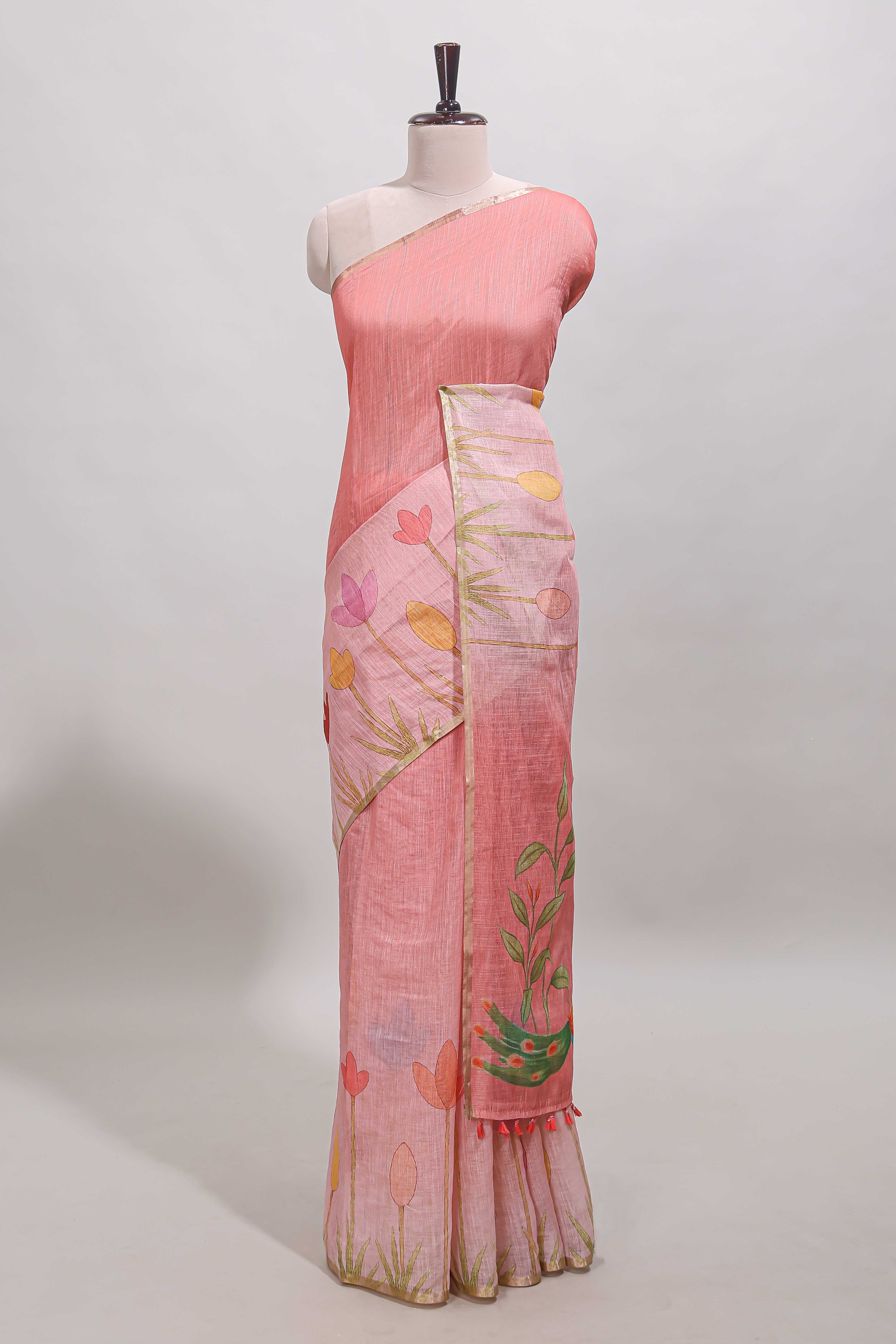 Pink floral design linen cotton saree with self zari border and matching blouse