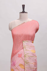Pink floral design linen cotton saree with self zari border and matching blouse