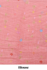 Pink floral design linen cotton saree with self zari border and matching blouse