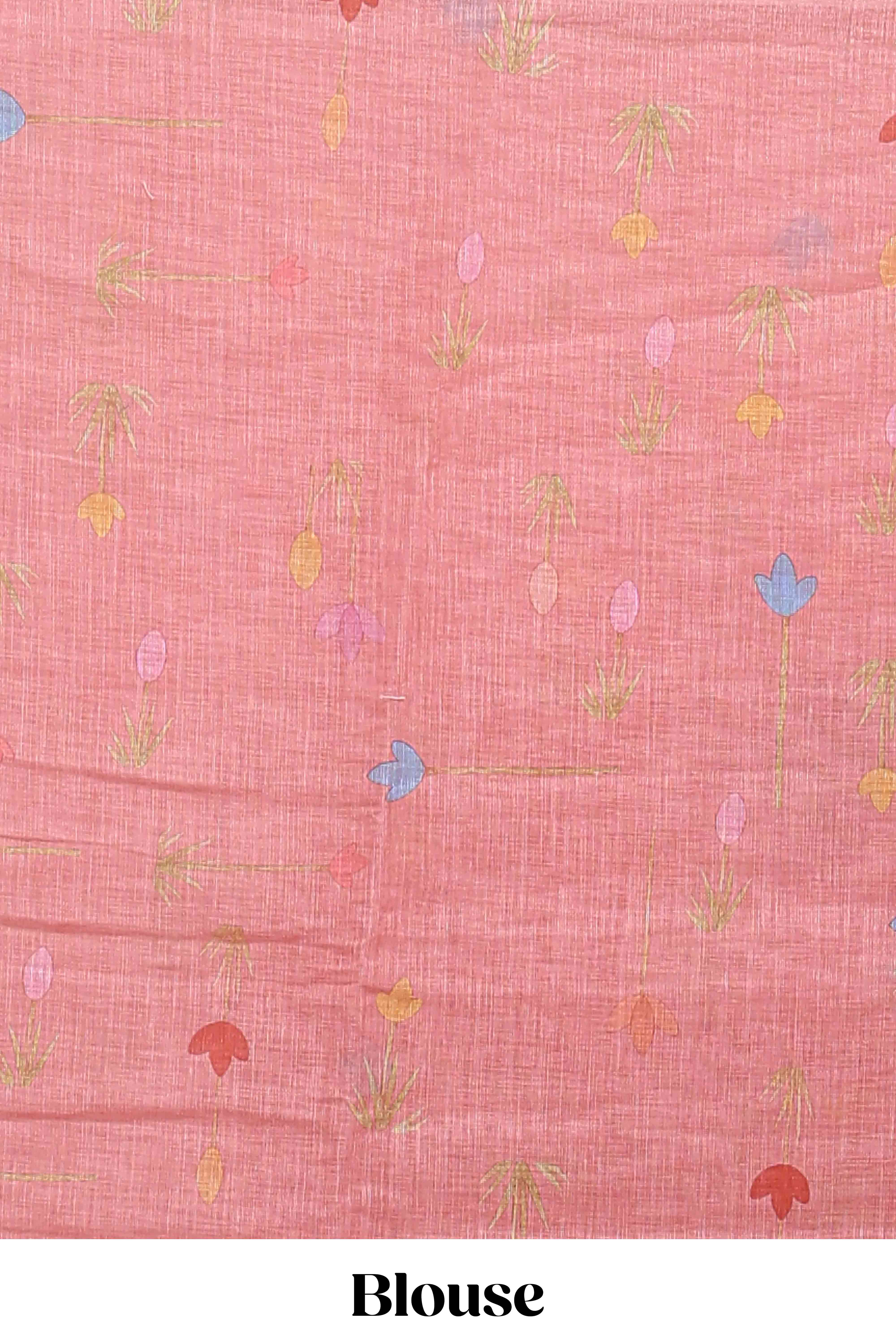 Pink floral design linen cotton saree with self zari border and matching blouse