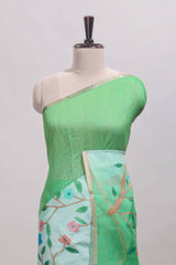 Green floral vines linen cotton saree with self zari border and matching blouse