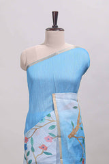 Blue floral vines linen cotton saree with self zari border and matching blouse