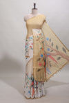 Sandal floral vines linen cotton saree with self zari border and matching blouse