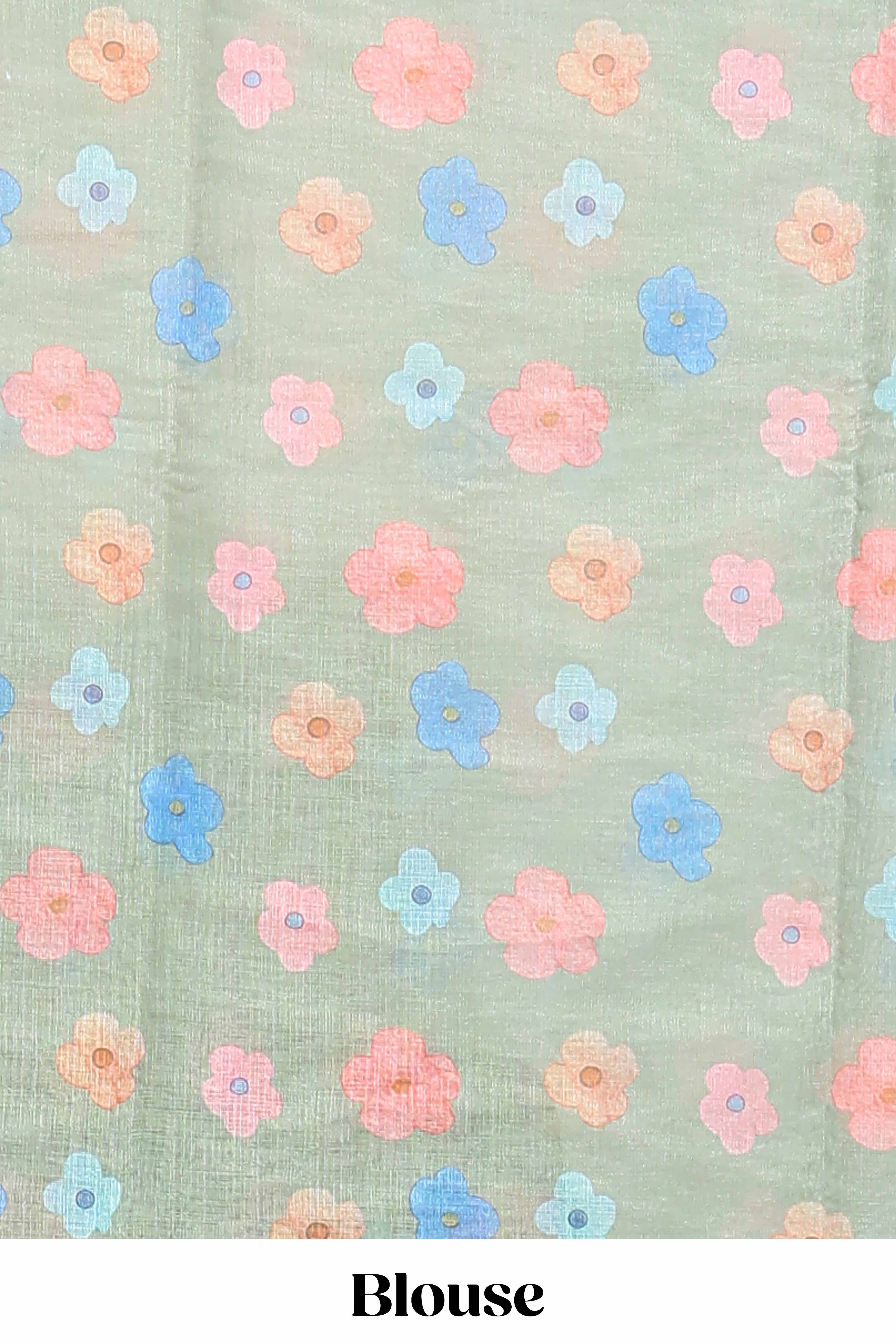 Green floral vines linen cotton saree with self zari border and matching blouse