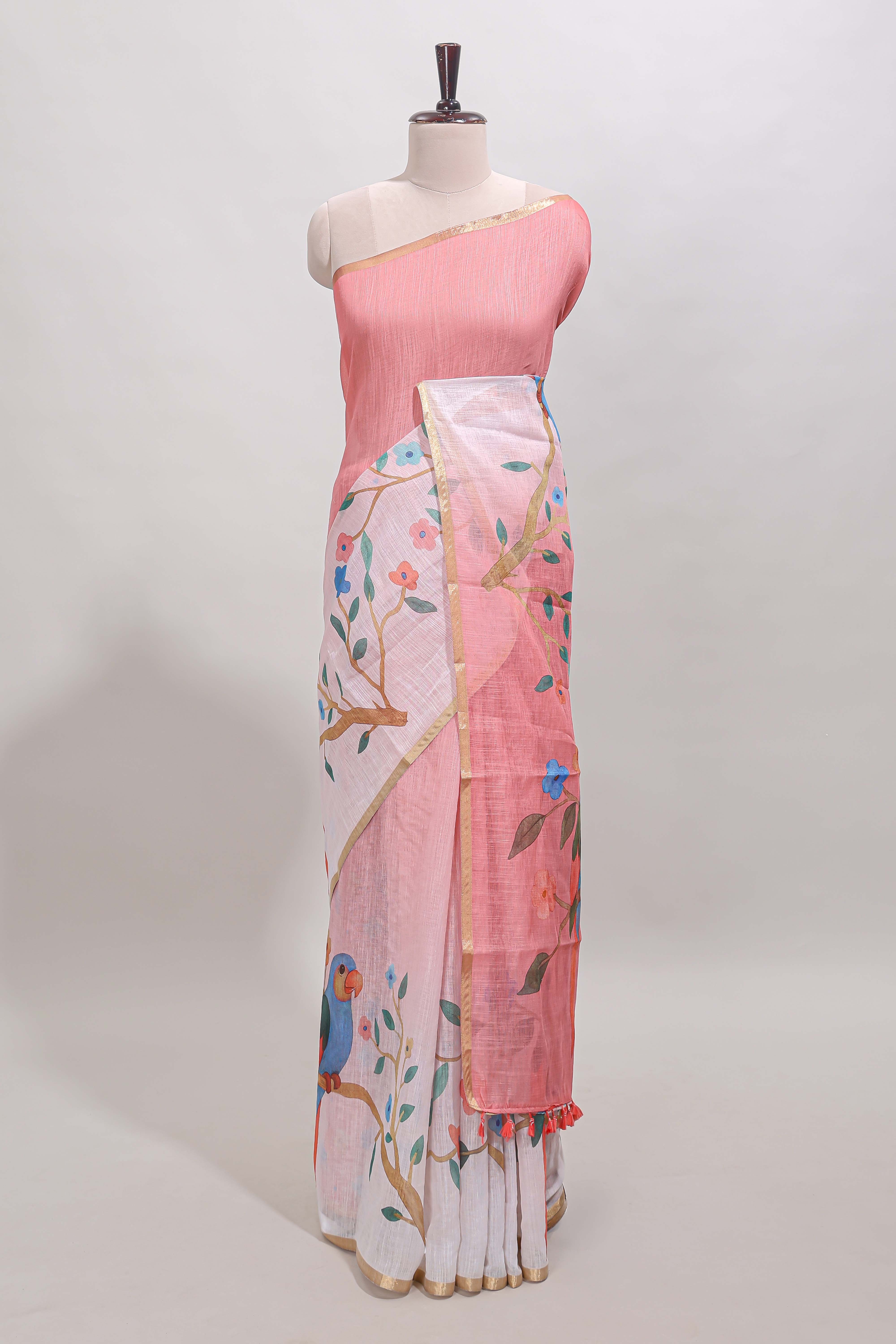 Pink floral vines linen cotton saree with self zari border and matching blouse