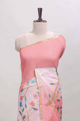Pink floral vines linen cotton saree with self zari border and matching blouse