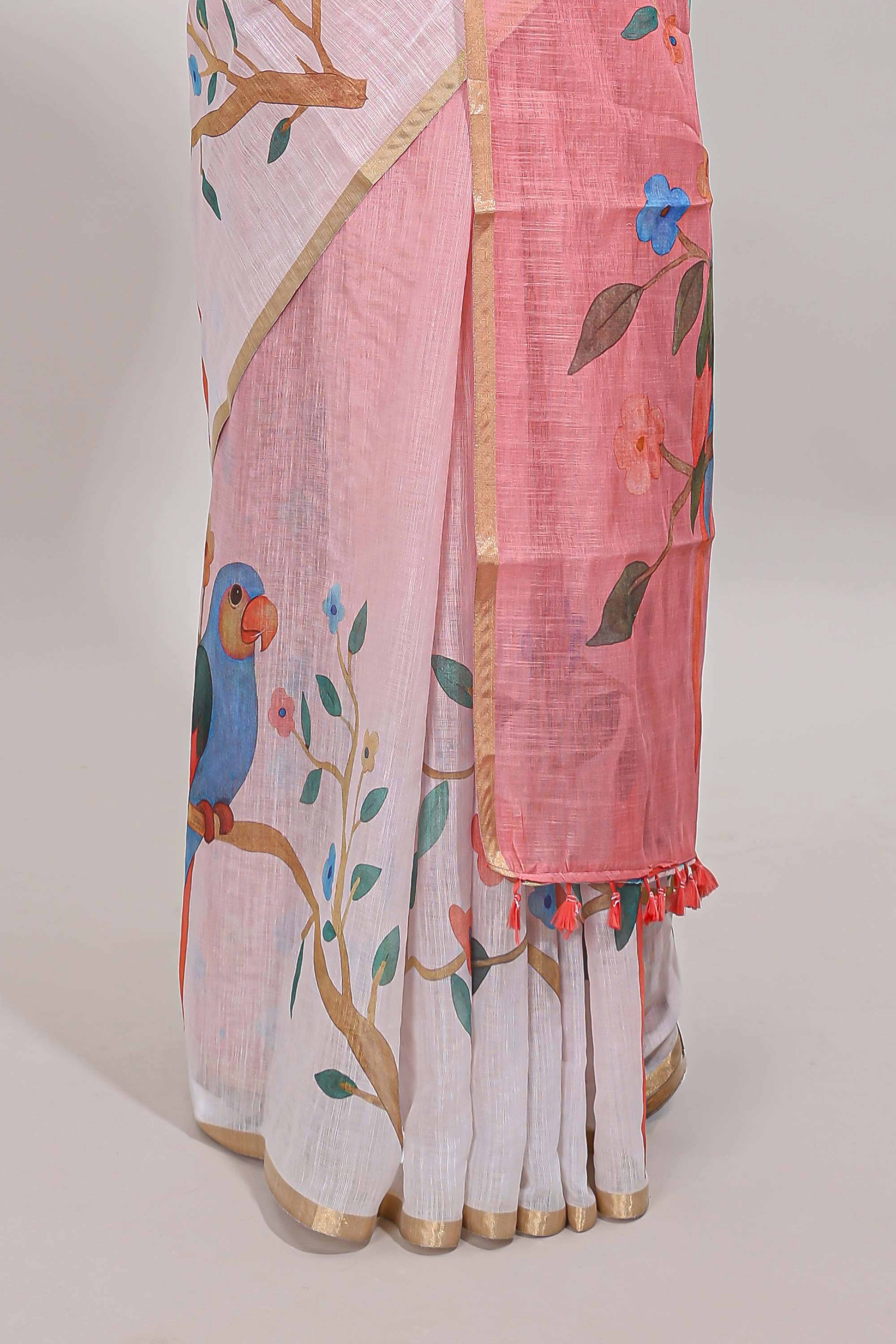 Pink floral vines linen cotton saree with self zari border and matching blouse