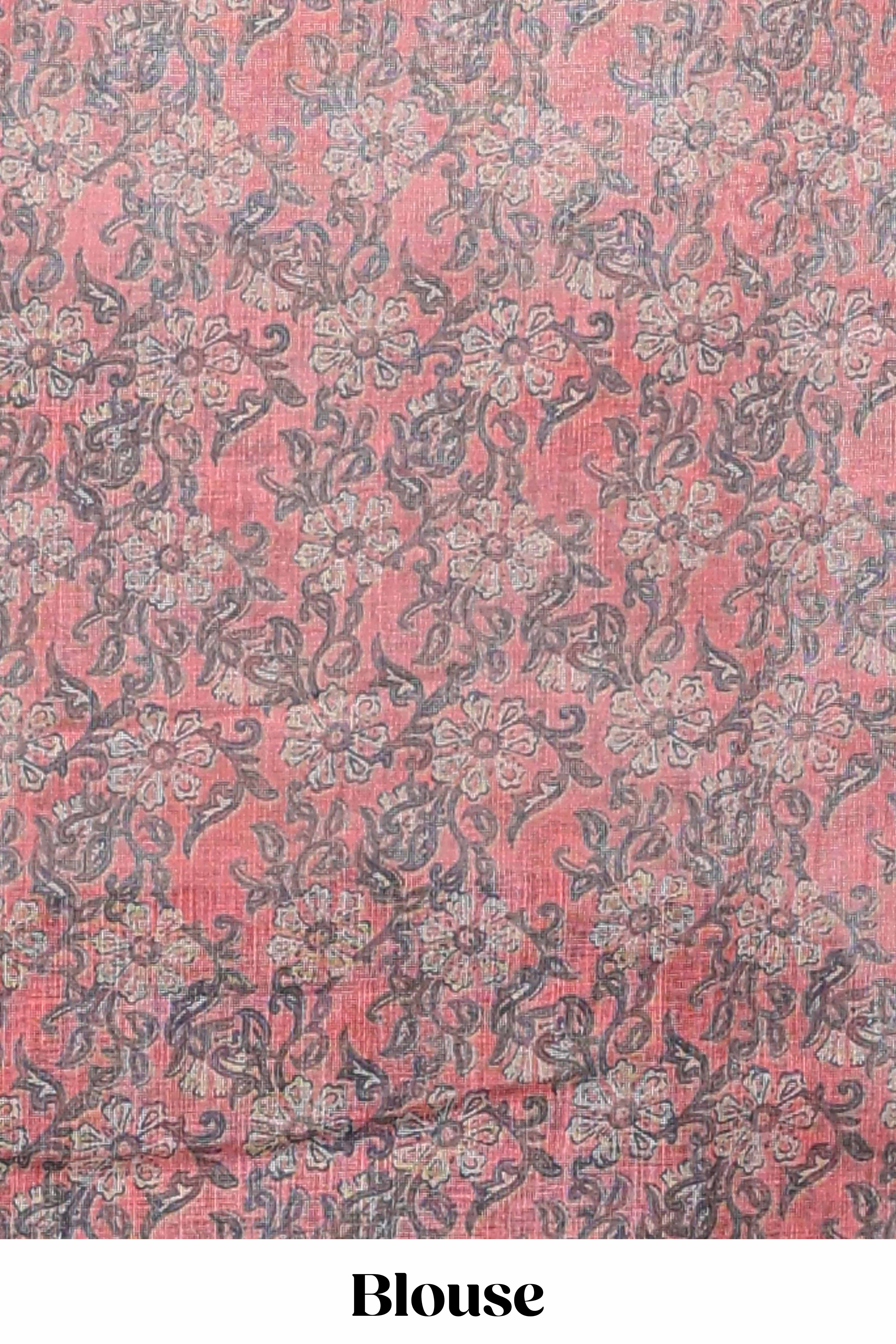 Beige linen cotton saree with red shibori print, self zari border and floral design pallu