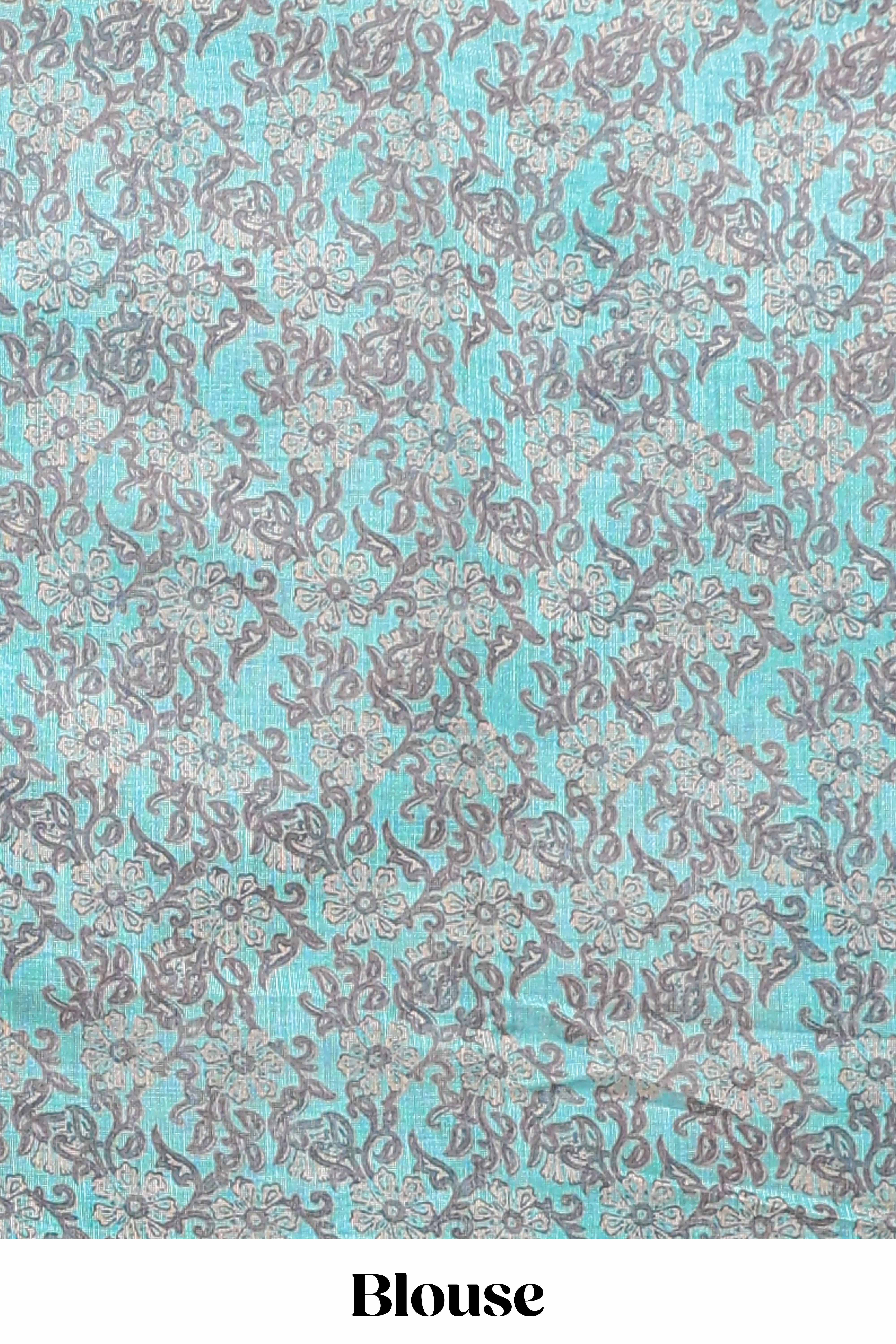 Beige linen cotton saree with blue shibori print, self zari border and floral design pallu