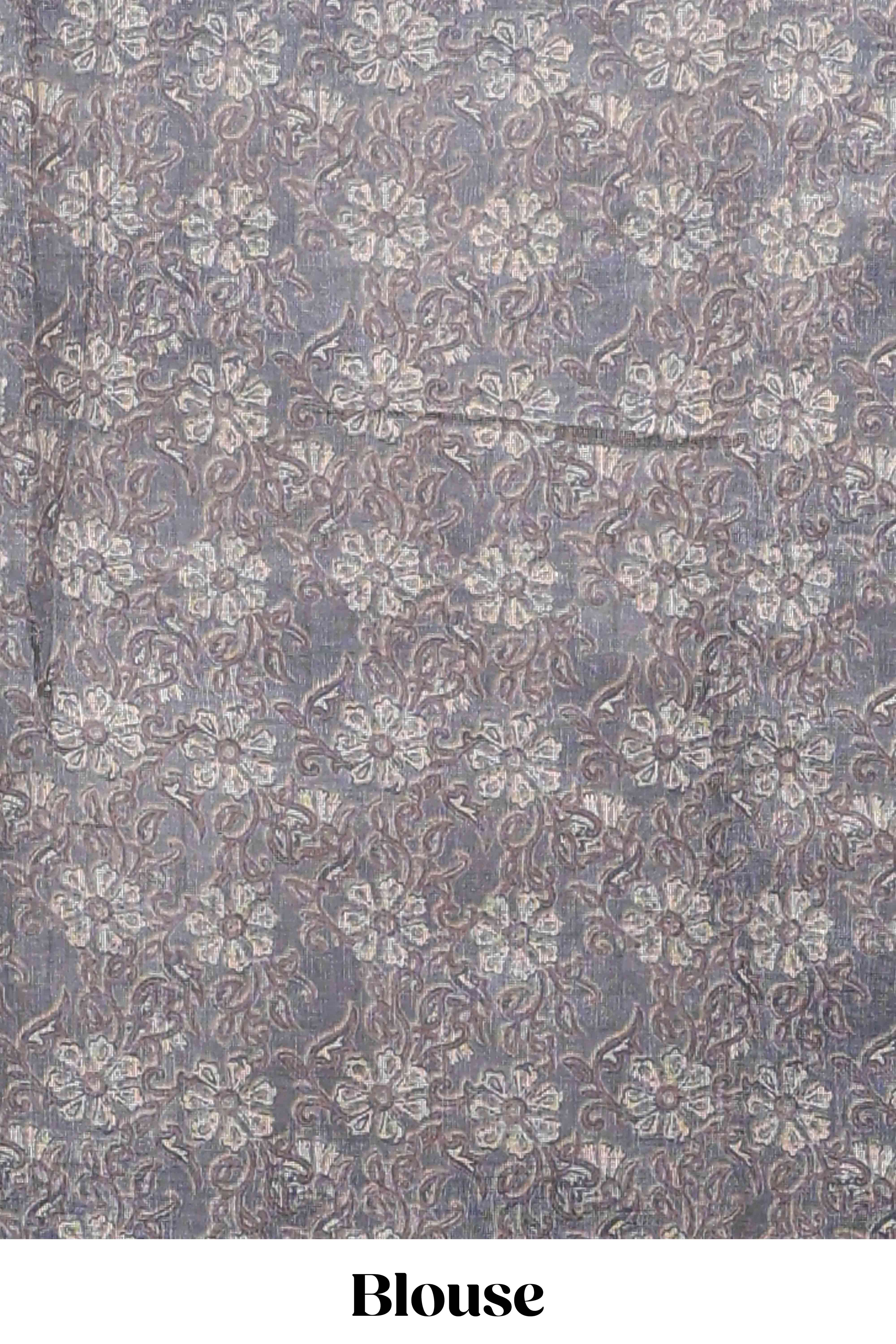 Beige linen cotton saree with grey shibori print, self zari border and floral design pallu