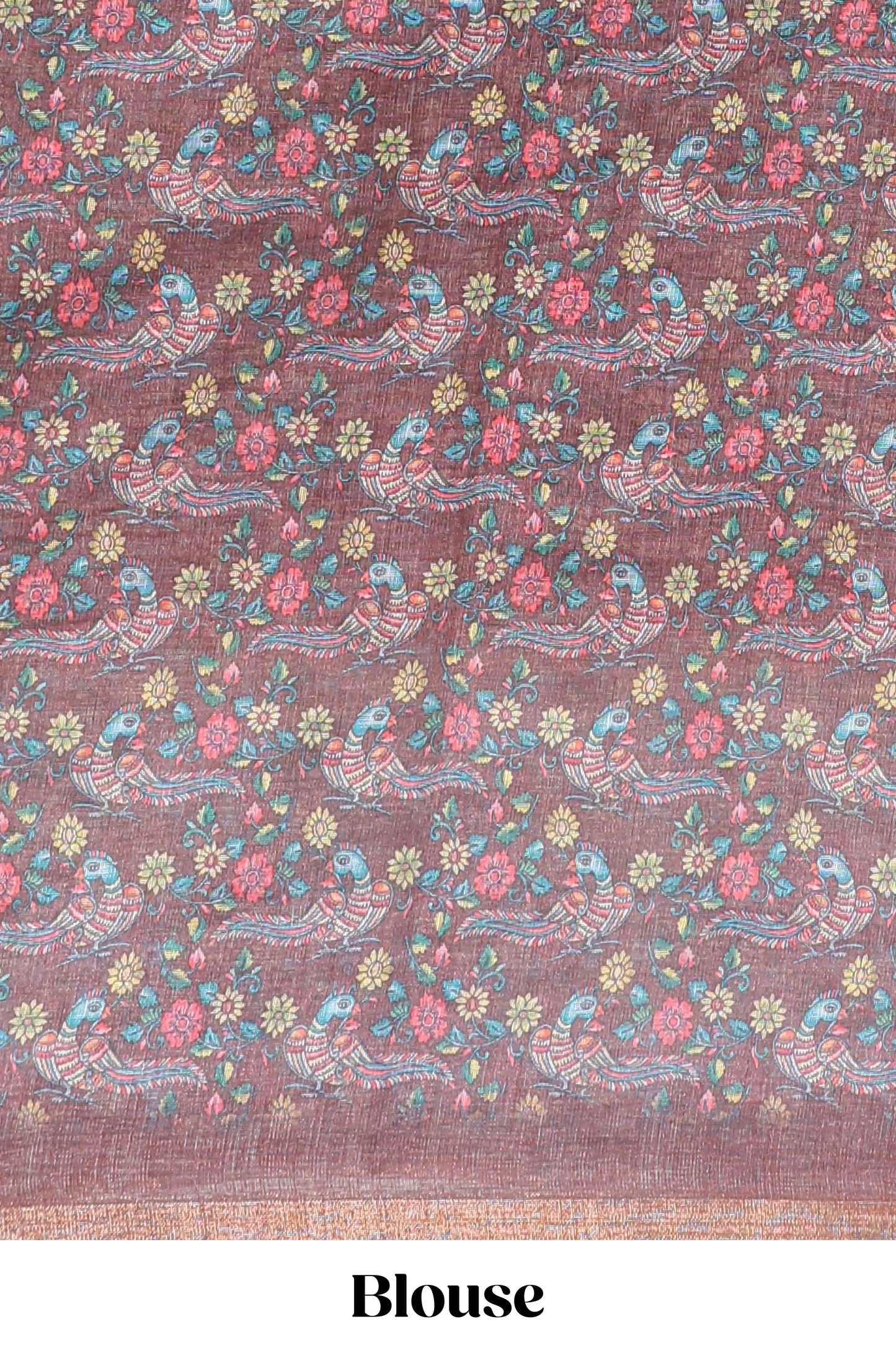 Brown checked linen cotton saree with bottom floral and birds design, self zari border and printed blouse