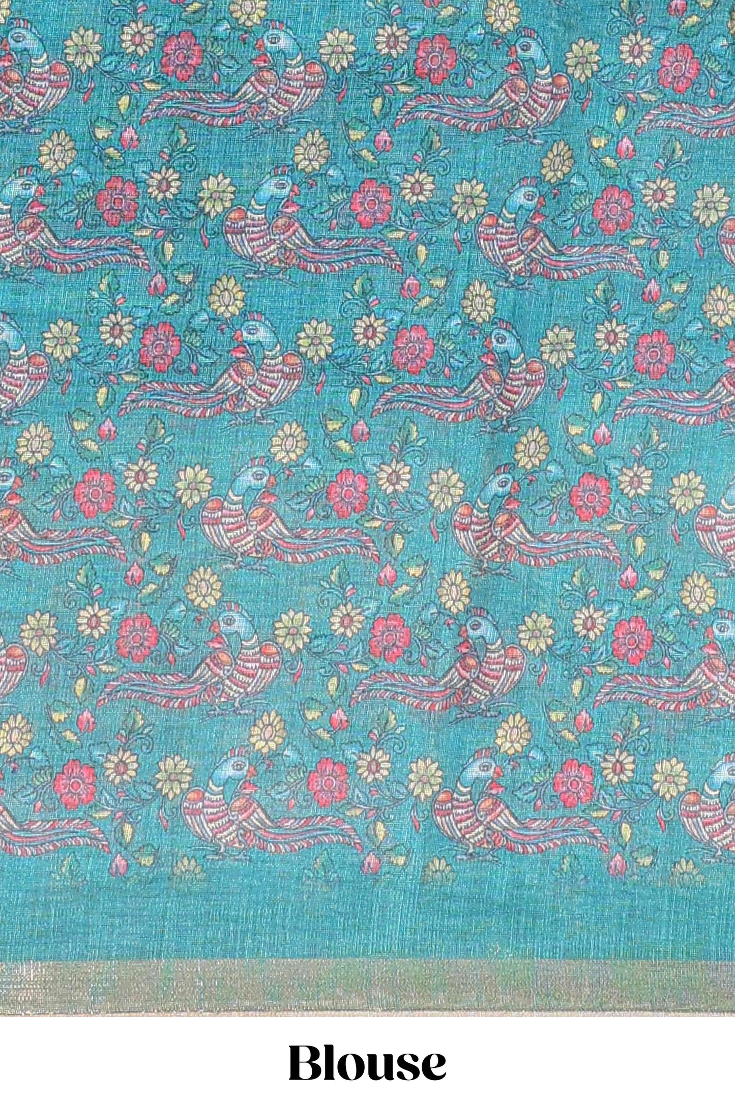 Turquoise green checked linen cotton saree with bottom floral and birds design, self zari border and printed blouse