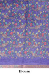 Violet checked linen cotton saree with bottom floral and birds design, self zari border and printed blouse