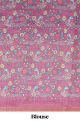 Onion pink checked linen cotton saree with bottom floral and birds design, self zari border and printed blouse