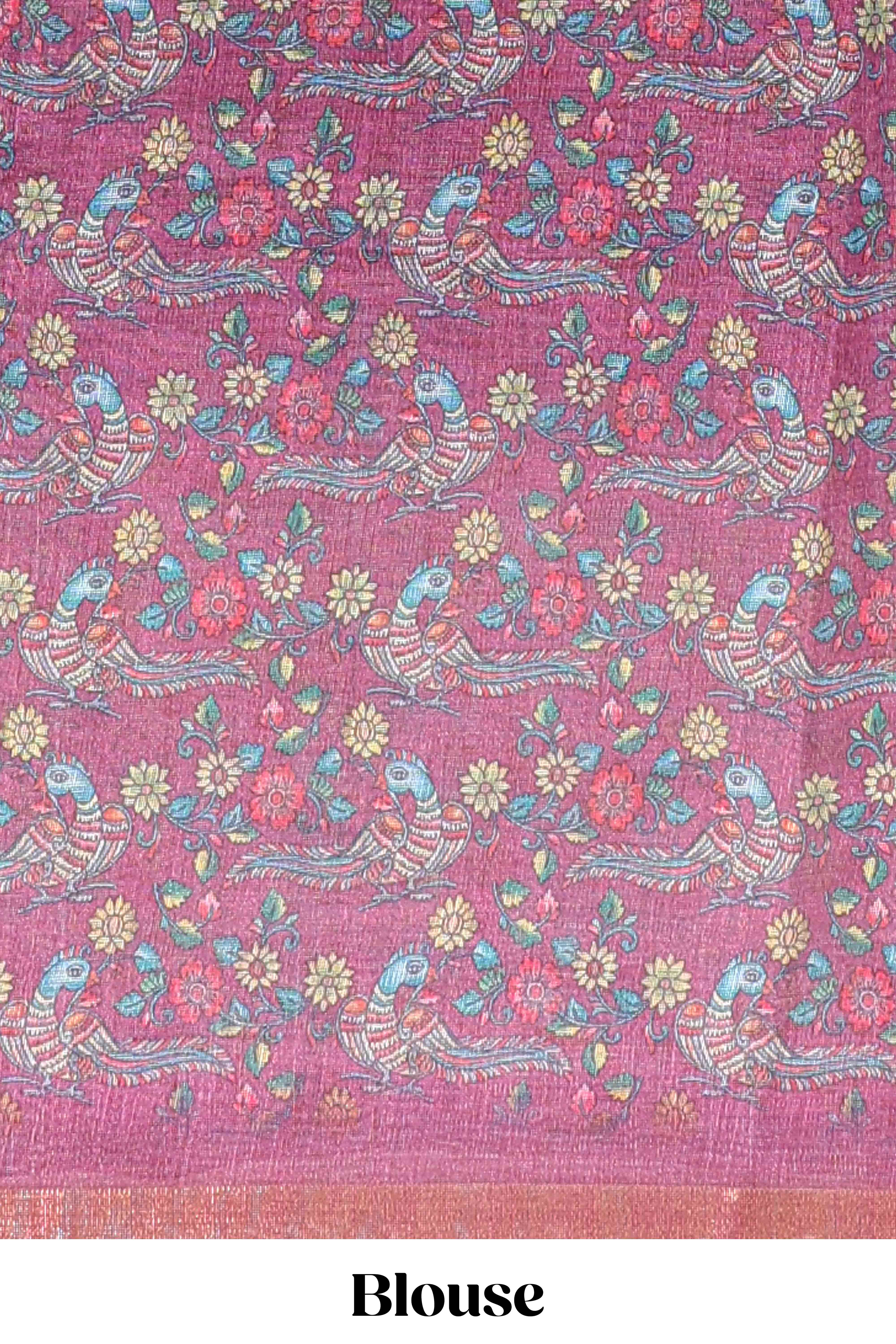 Onion pink checked linen cotton saree with bottom floral and birds design, self zari border and printed blouse