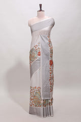 Hash white floral and peacock design linen cotton saree with contrast border and printed blouse