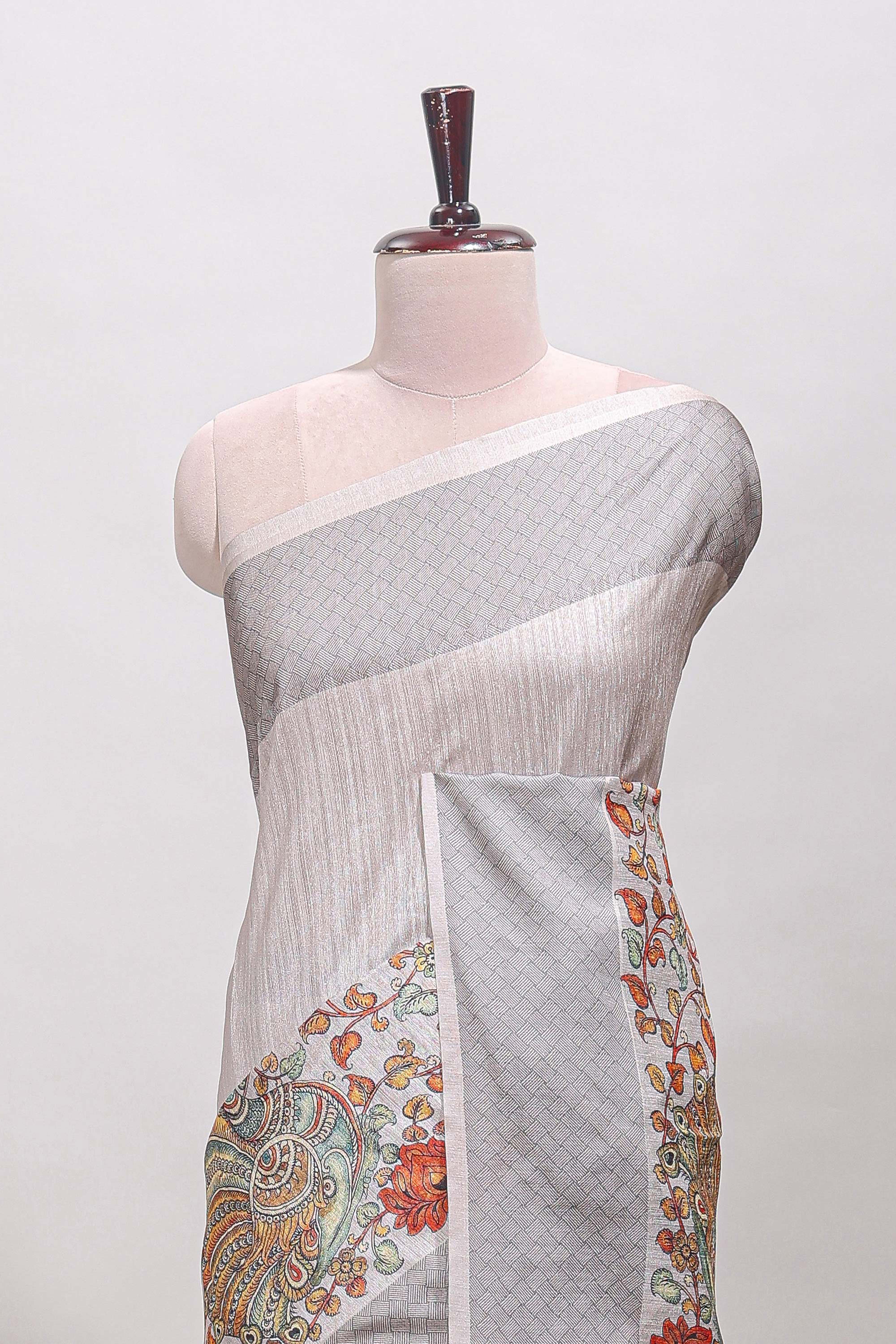 Hash white floral and peacock design linen cotton saree with contrast border and printed blouse