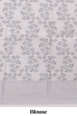 Hash white floral and peacock design linen cotton saree with contrast border and printed blouse