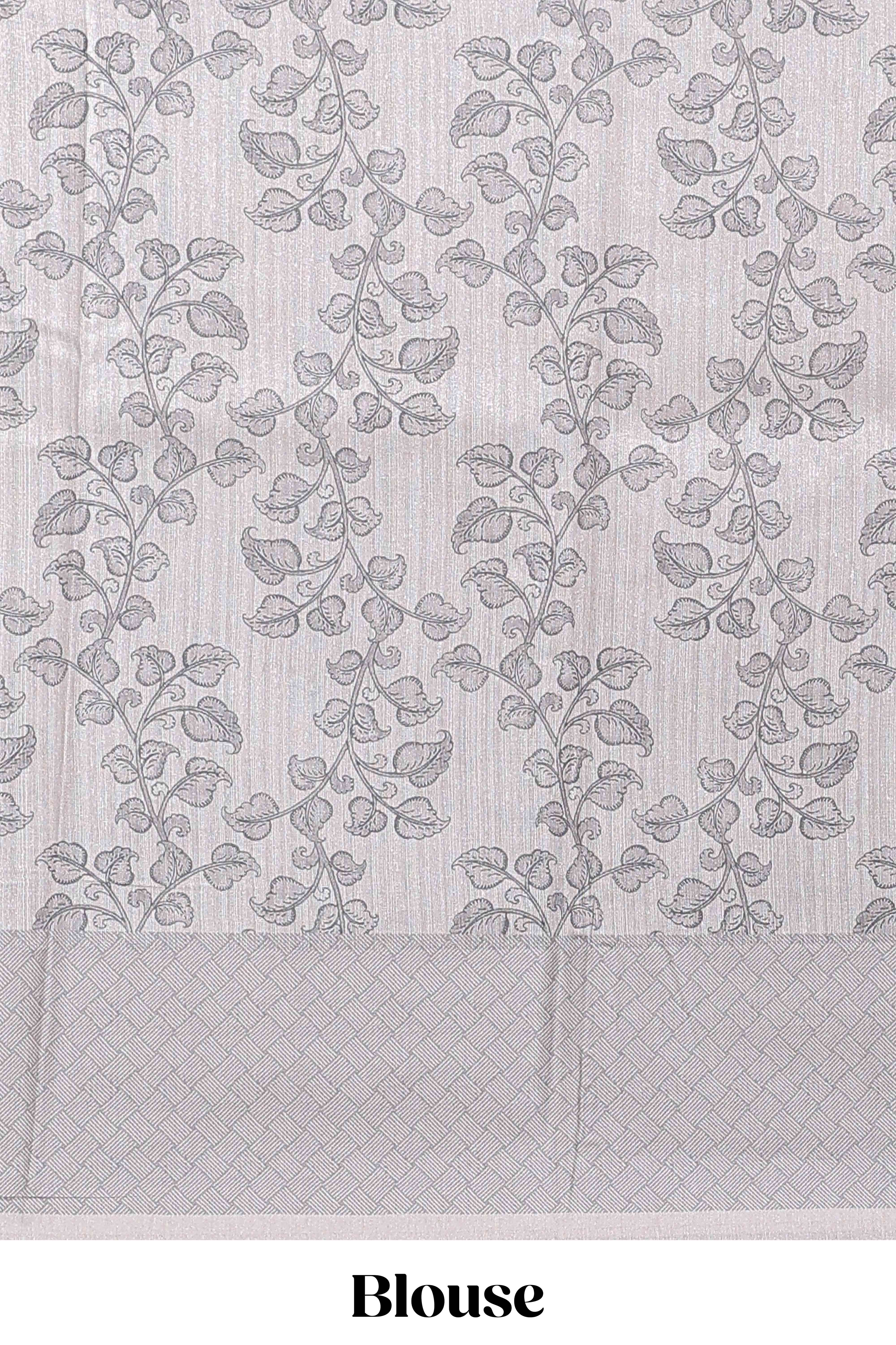 Hash white floral and peacock design linen cotton saree with contrast border and printed blouse