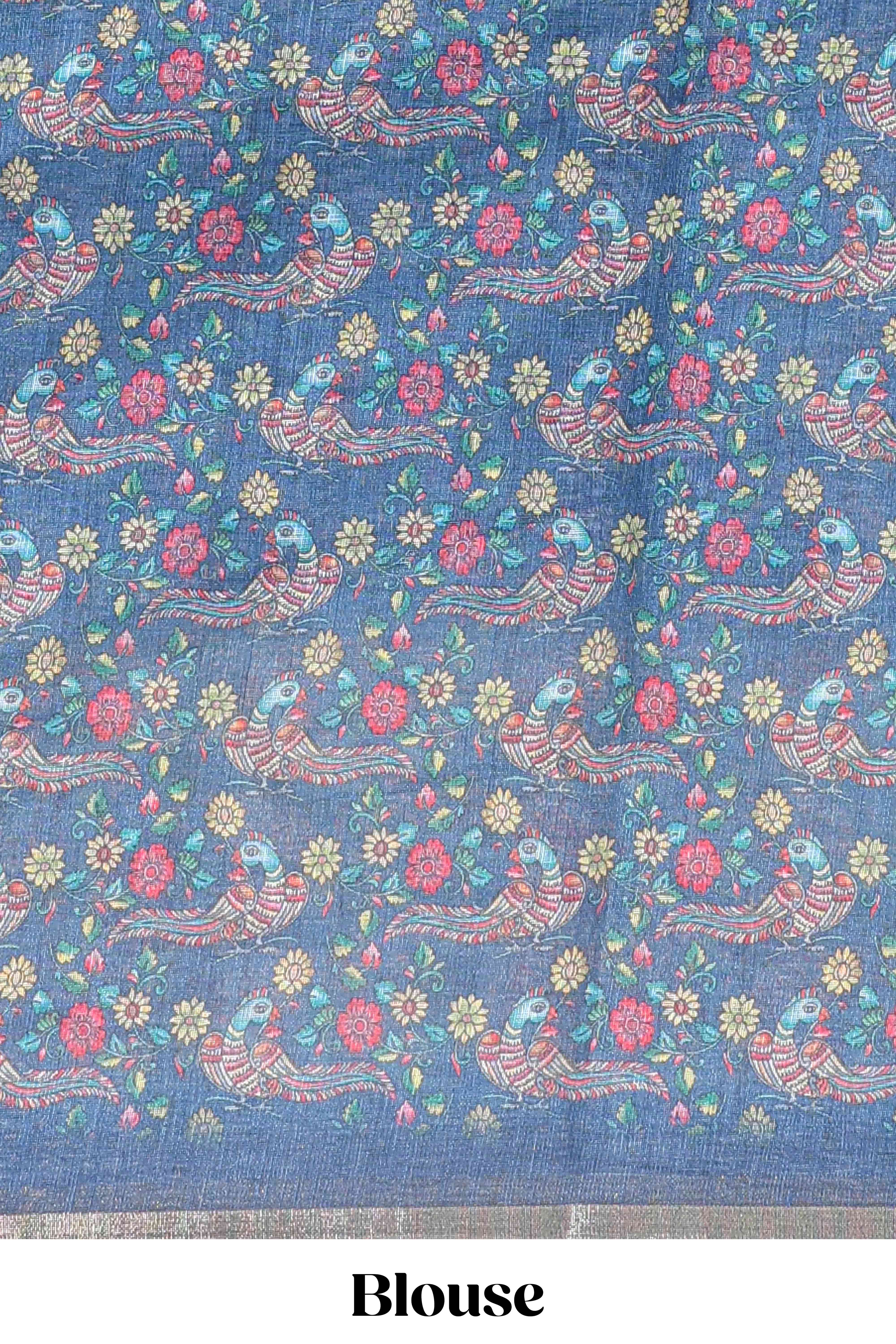 Blue checked linen cotton saree with bottom floral and birds design, self zari border and printed blouse