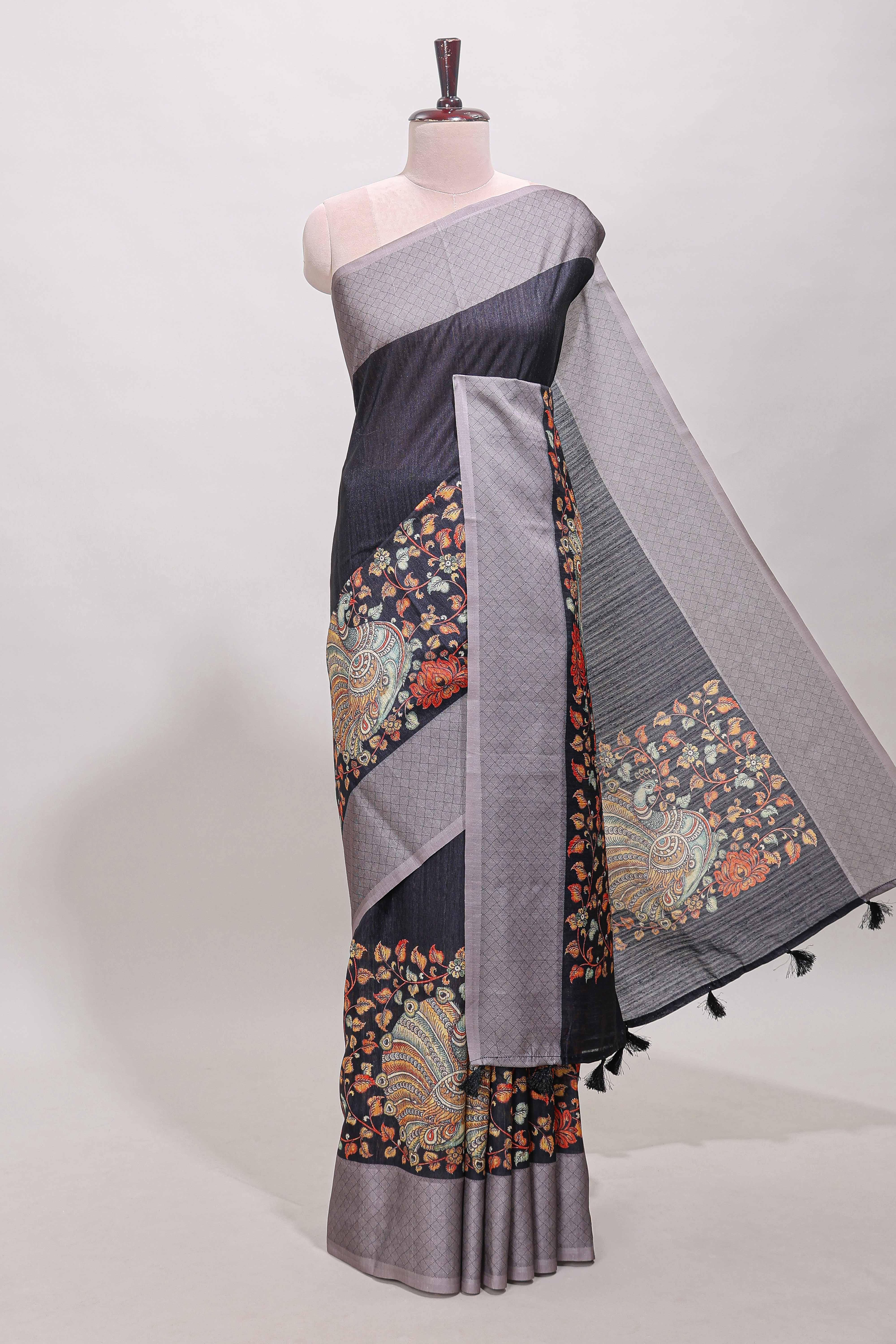 Black floral and peacock design linen cotton saree with contrast border and printed blouse