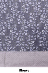 Black floral and peacock design linen cotton saree with contrast border and printed blouse