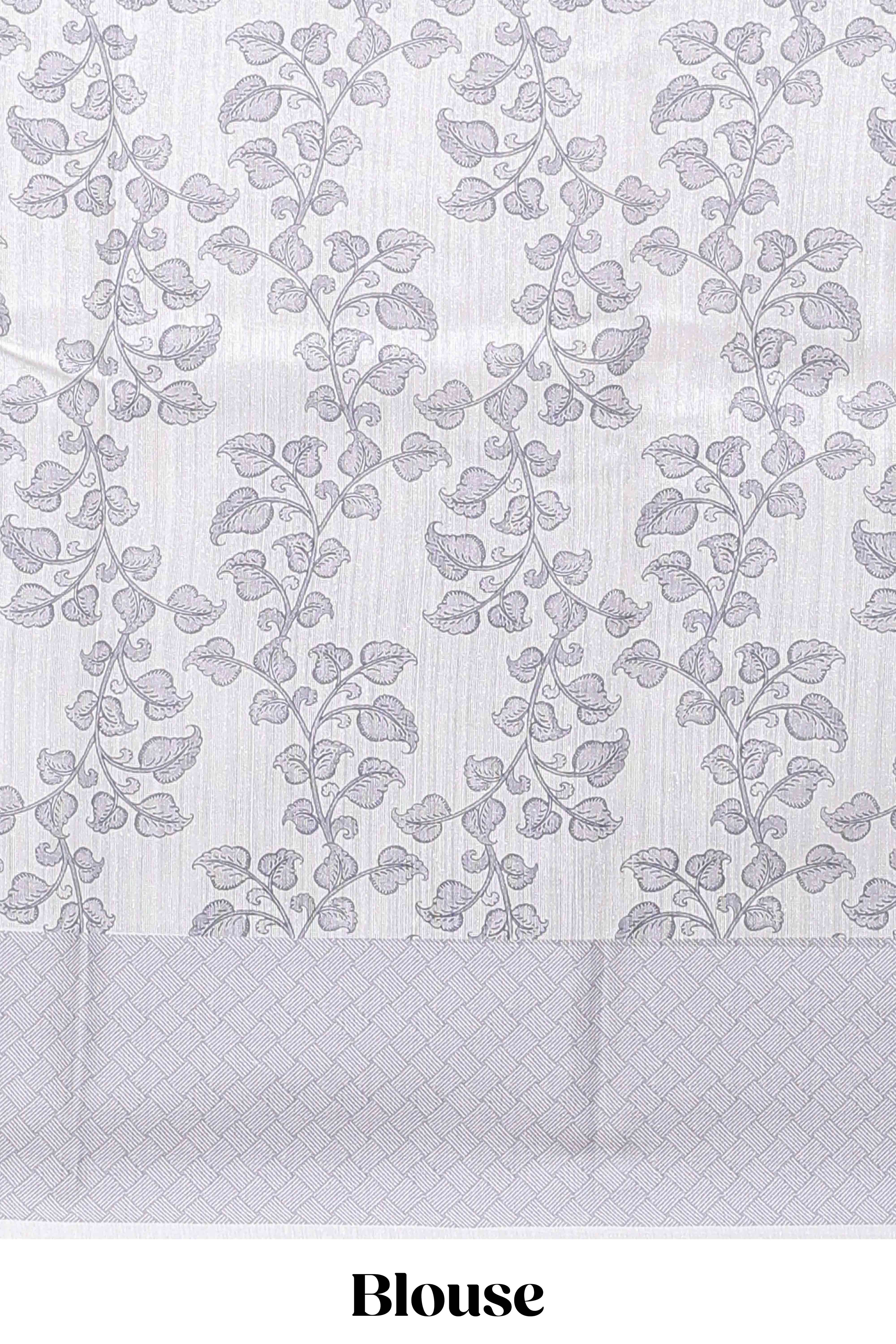 White floral and peacock design linen cotton saree with contrast border and printed blouse