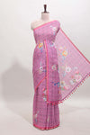 Pink checked floral motifs linen cotton saree with self zari border matching blouse