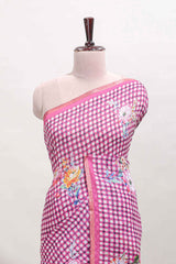Pink checked floral motifs linen cotton saree with self zari border matching blouse
