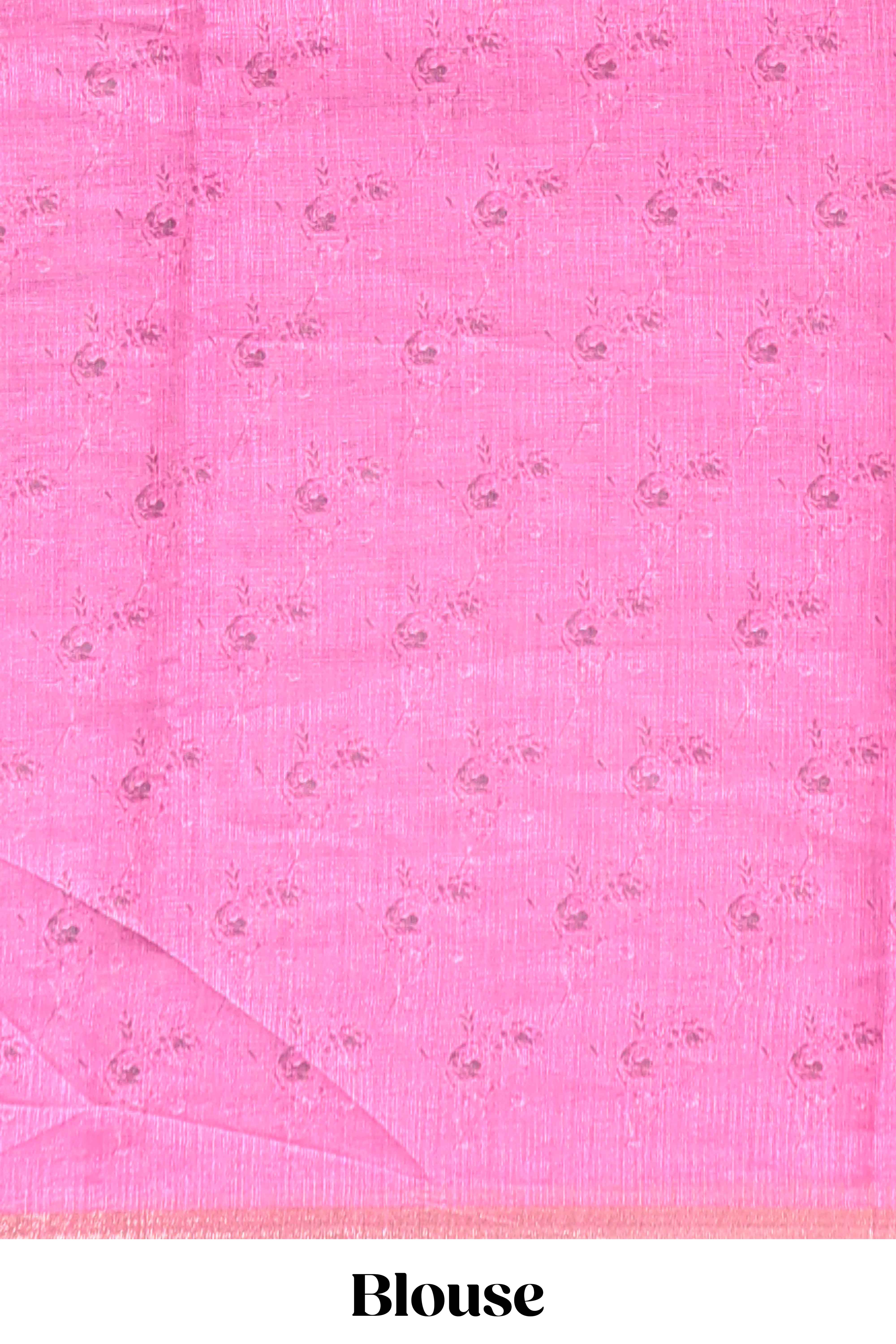 Pink checked floral motifs linen cotton saree with self zari border matching blouse