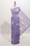 Lavender checked floral motifs linen cotton saree with self zari border matching blouse