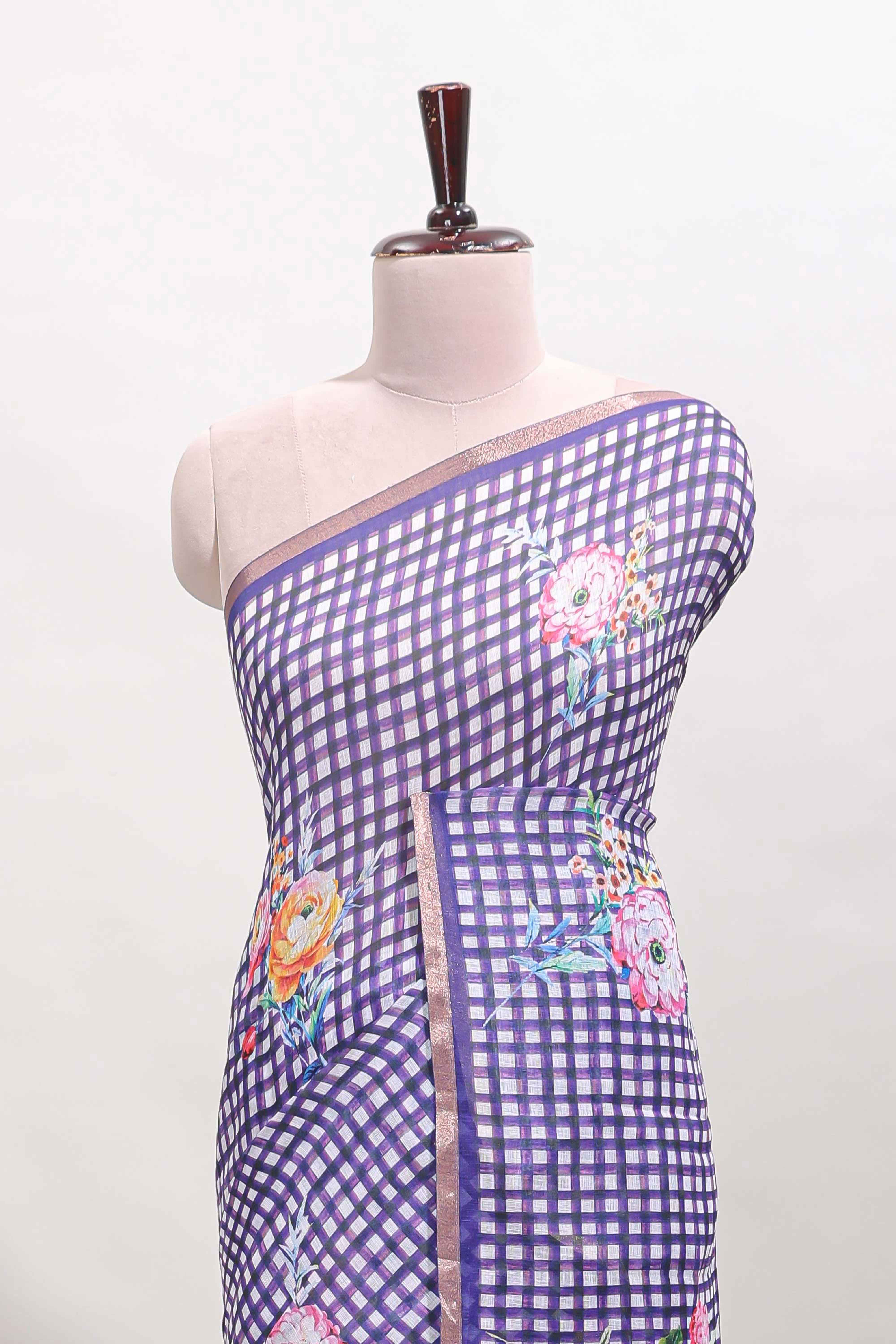 Lavender checked floral motifs linen cotton saree with self zari border matching blouse