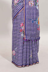 Lavender checked floral motifs linen cotton saree with self zari border matching blouse