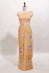 Mustard checked floral motifs linen cotton saree with self zari border matching blouse