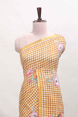 Mustard checked floral motifs linen cotton saree with self zari border matching blouse
