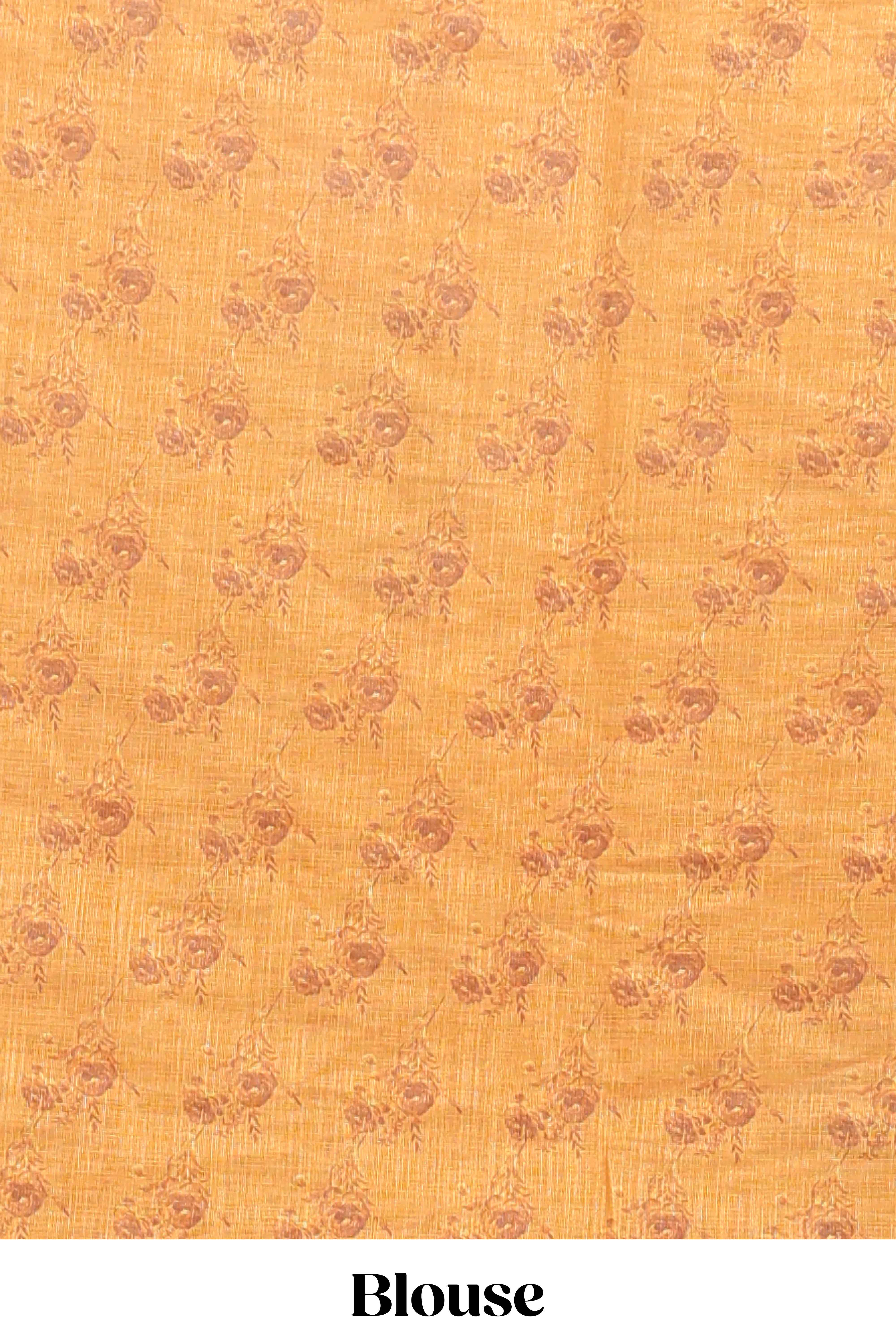 Mustard checked floral motifs linen cotton saree with self zari border matching blouse