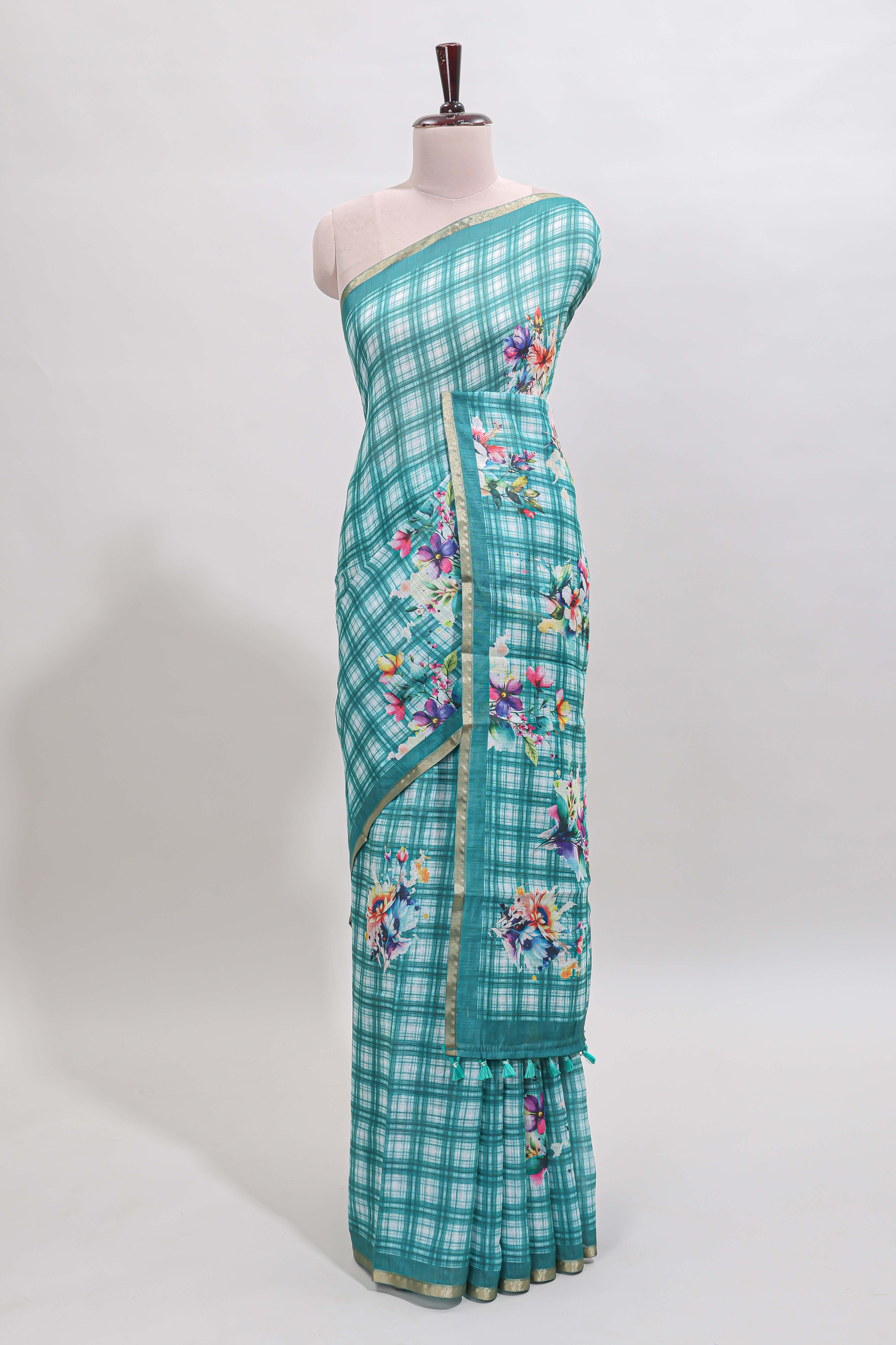 Teal green checked floral motifs linen cotton saree with self zari border matching blouse