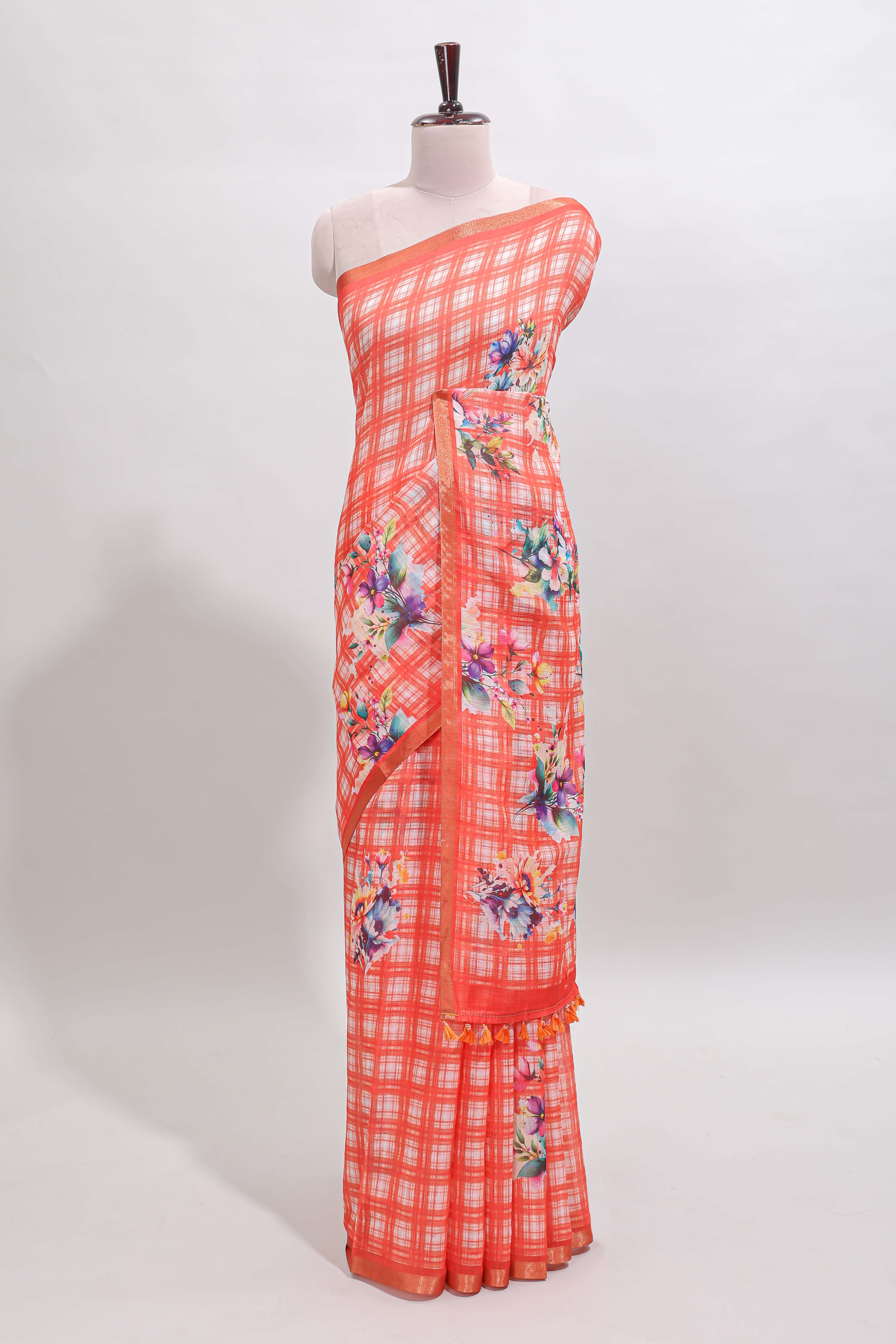 Orange checked floral motifs linen cotton saree with self zari border matching blouse